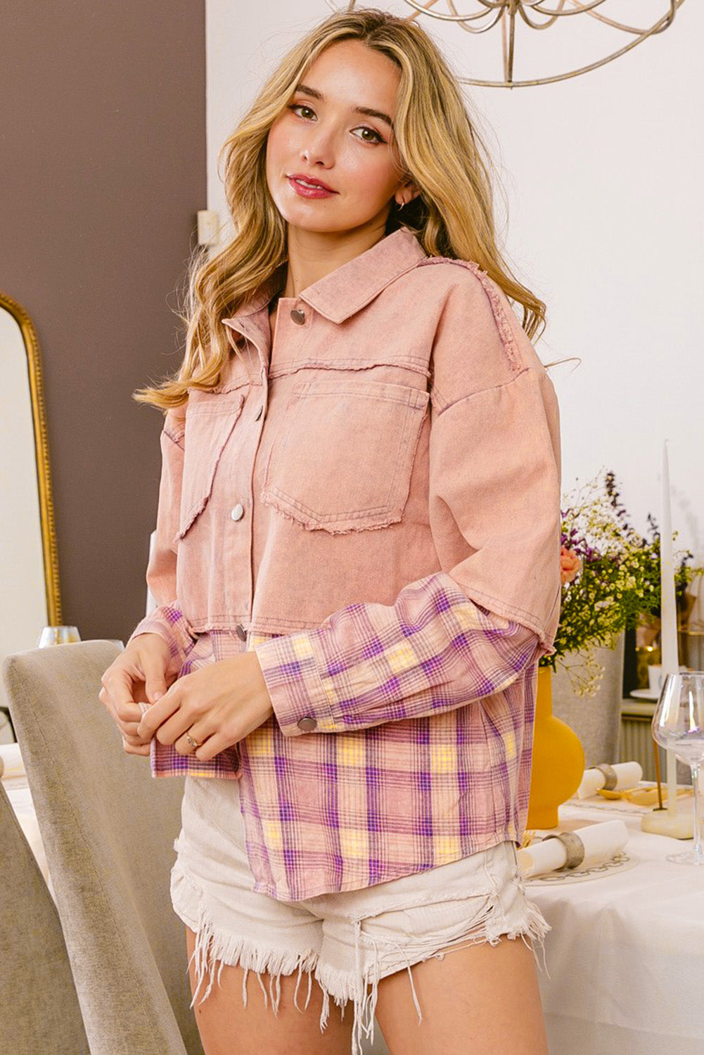 Pink Frayed Patchwork Plaid Contrast Jacket