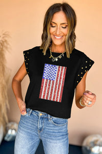 Black Sequined American Flag Graphic Studded Cap Sleeve T Shirt