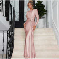 Burgundy  Sexy Pleated Lace Up Long Dress Lady Fashion Round Neck Slim Fit Long Sleeved Evening Gown 2024 New Chic Outfits