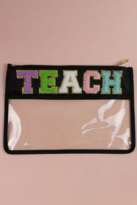 Black TEACH Glitter Chenille Clear PVC Makeup Bag