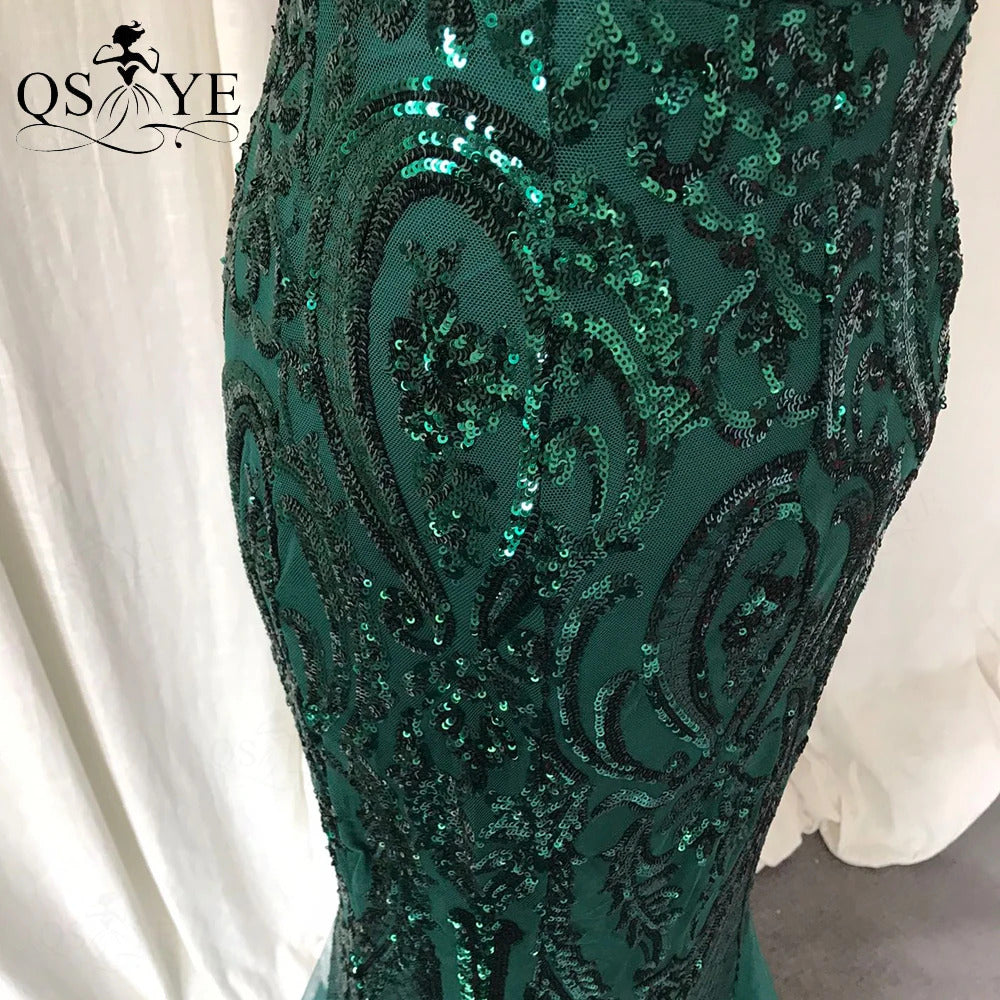 One Shoulder Emerald Evening Dresses Green Sequined Long Mermaid Prom Gown Glitter Elegant Party Dress Pattern Lace Formal Dress