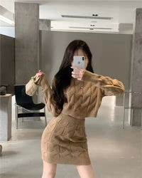 Two Piece OF Pullover Autumn/Winter Knitted Sweater Set Pure Desire Short Sweater Sexy Spicy Girl Arm Wrap Skirt Sweater Female