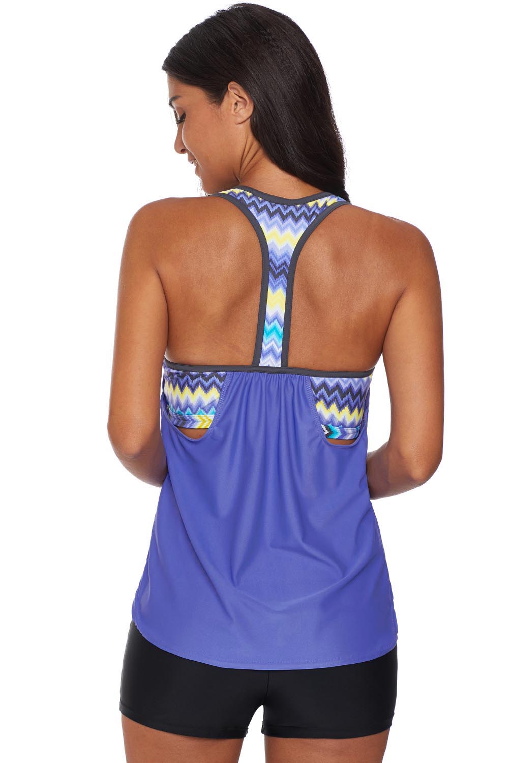 Sky Blue Blouson Striped Printed Strappy T-Back Push up Tankini Top