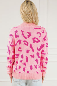 Bonbon Leopard Pattern Mock Neck Ribbed Trim Sweater