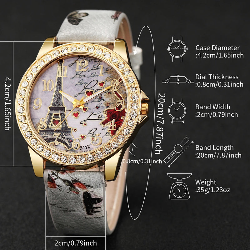 5PCS/Set Fashion Rhinestone Women's Watch Flowers Printed Leather Band Female Quartz Watches Bracelets Set（Without Box）