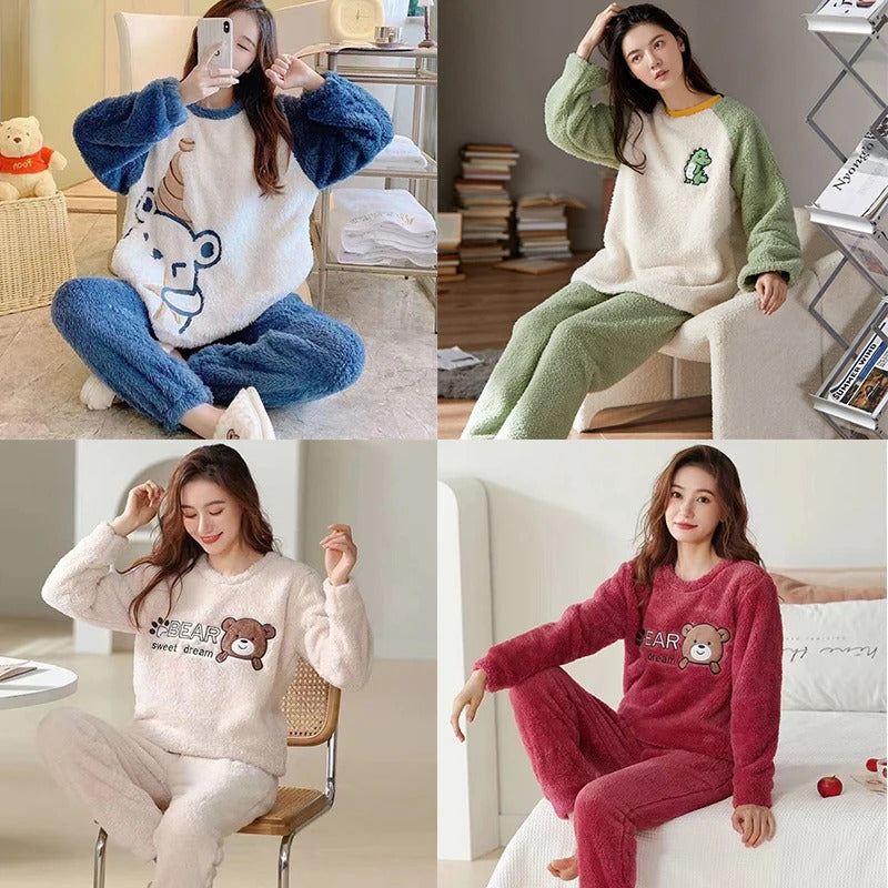 Thickened Warm Flannel Women‘s Sleepwear Coral Velvet Pajamas Winter Cute Cartoon Bear Padded Two Sets Girl Nightwear Loungewear