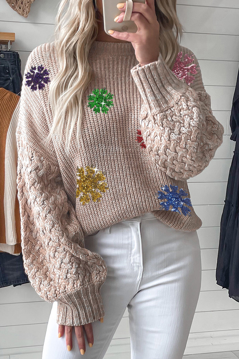 Parchment Snowflake Bishop Sleeve Drop Shoulder Sweater