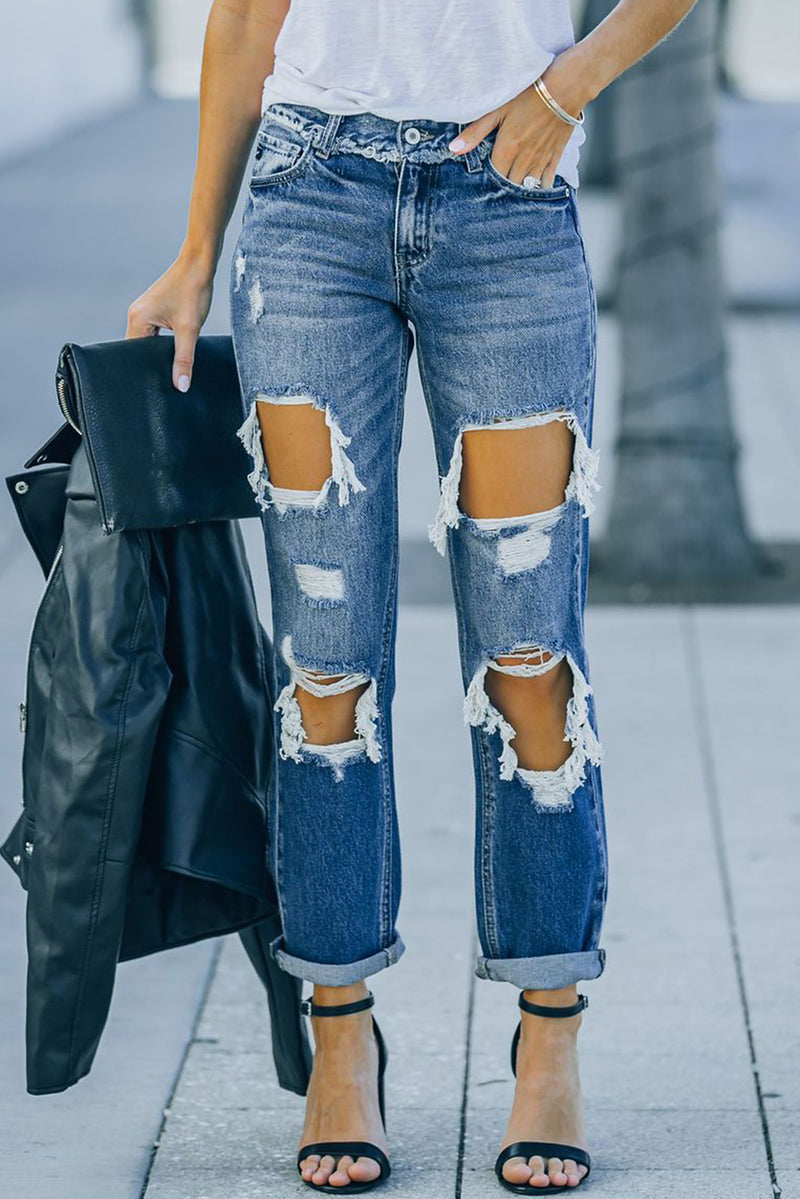 Sky Blue Cut Out Straight Leg Distressed Boyfriend Jeans