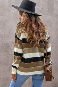 Brown Drop-Shoulder Sleeve Striped Patchwork Pullover Sweater