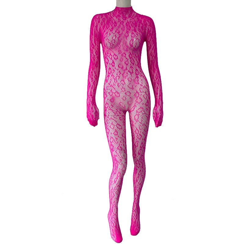 Sexy Lace See Through Bodysuit Long Sleeve Fishnet Jumpsuits Elastic Night Club Jump Suits for Women Sexy Pole Dancing Overalls