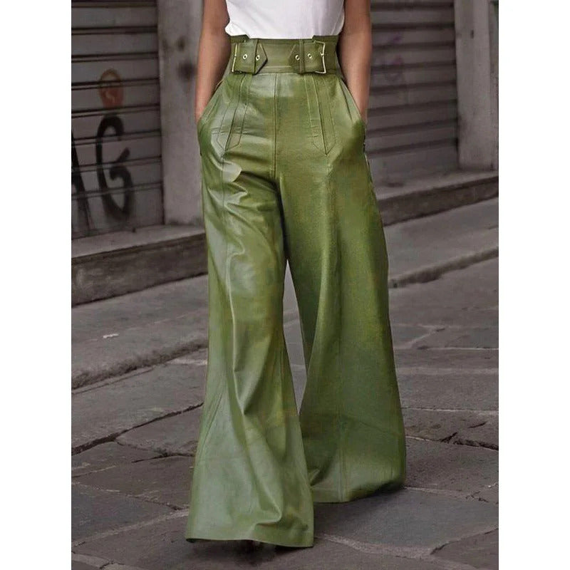 Modigirl Autumn Winter Women's Faux Pu Long Pants 2024 High Waisted Loose Pleated Pockets Streetwear Female Wide Leg Trousers