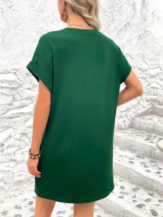 Pure Color Minimalist T-Shirt Short Dress Women Summer Round Neck Pocket Loose Dresses Robe