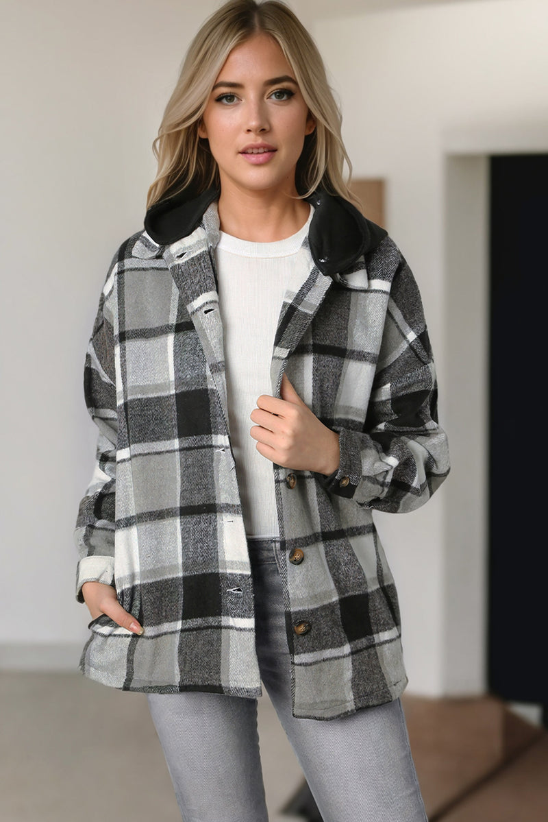 Gray Hooded Plaid Button Front Shacket