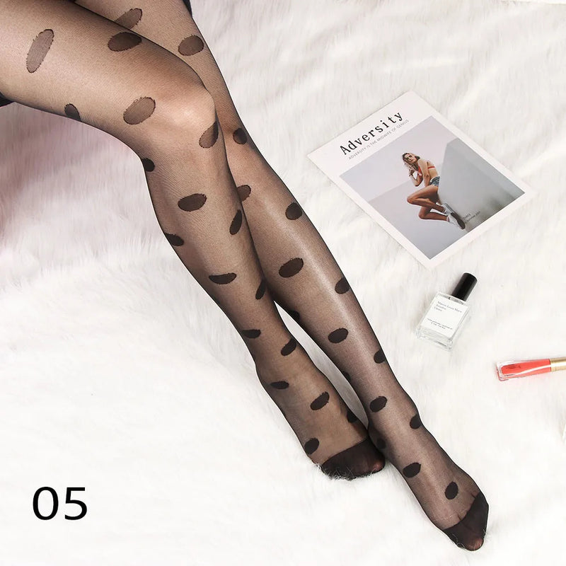 Sexy Women Tights Classic Small Polka Dot Silk Stockings Thin Vintage Faux Tattoo Thigh Sheer Pantyhose Female Elastic Hosiery