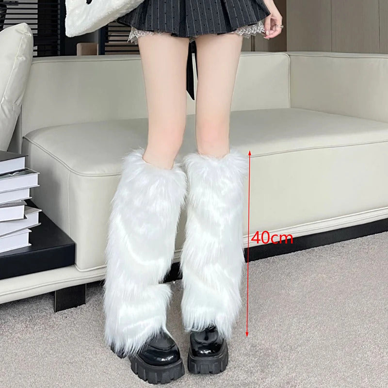 Japanese White Faux Fur Leg Warmers Boot Covers Y2K Goth Solid Leg Socks Punk Jk Knee-length Hiphop Hotgirl Fashion Warm Sock