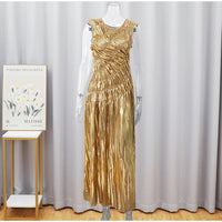 Gold Irregular Pleated Maxi  For Women Chic Round Neck Sleeveless Bodycon Robes New Lady Evening Party Dresses 2024