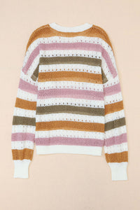 Tan Striped Hollowed Knitted Loose Sweater