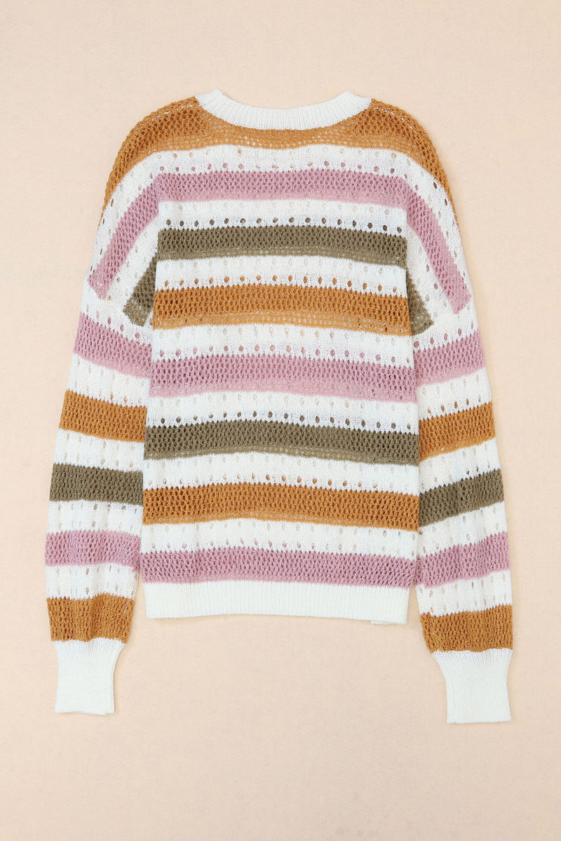 Tan Striped Hollowed Knitted Loose Sweater