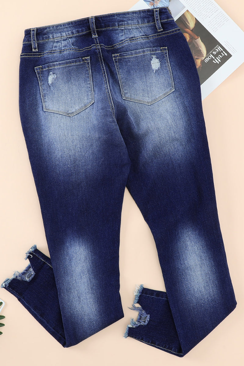 Blue High Rise Button Front Frayed Ankle Skinny Jeans