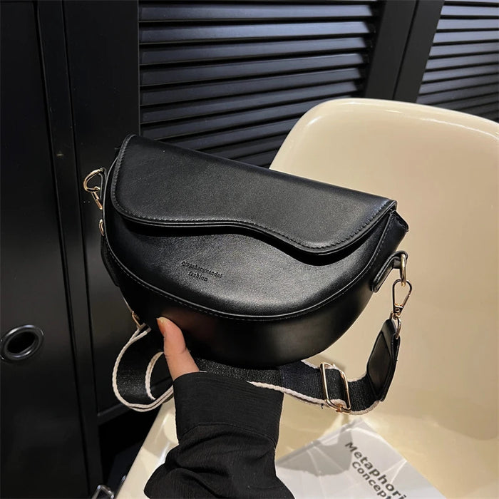 Women Vintage Solid Color Flap Small Saddle Shoulder Underarm Bag Fashion PU Leather Wide Strap Crossbody Bag