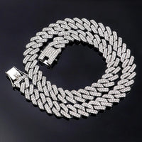 Hip Hop Shiny 15MM Cuban Link Chain Necklace Women Men Silver Color Rhinestone Iced Out Cuban Chain Punk Jewelry Necklace Gift