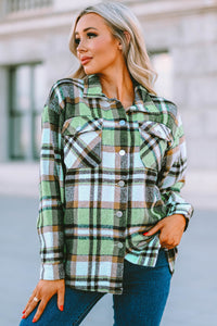 Blue Geometric Plaid Print Pocketed Shacket