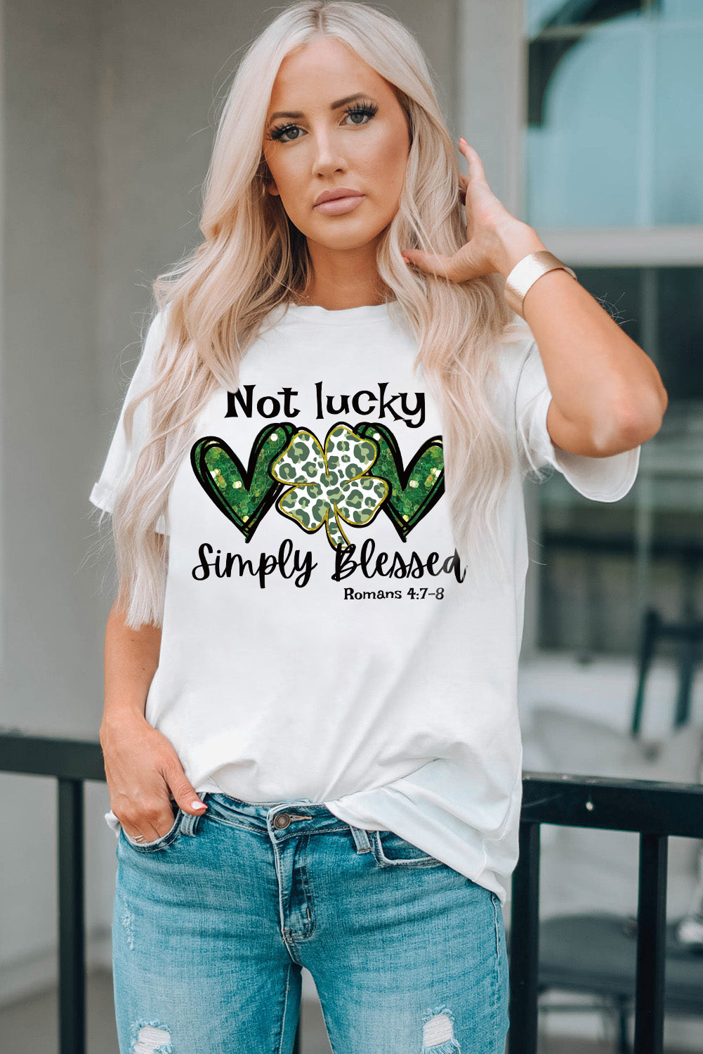 White Heart Leopard Clover Slogan Letters Graphic Tee