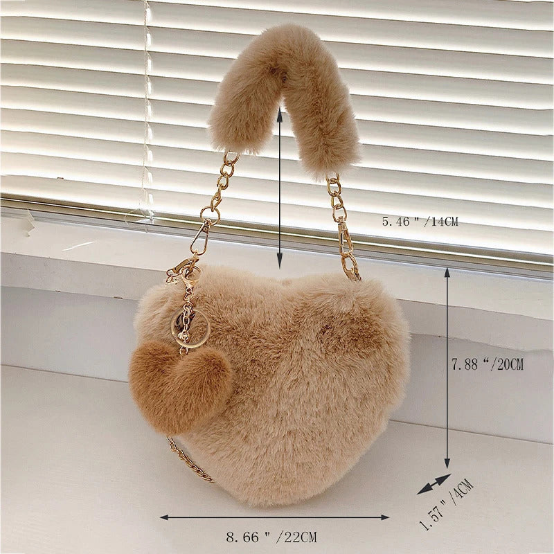 Faux Fur Heart-shaped Women Small Handbags Fluffy Plush Ladies Chain Shoulder Bag Fashion Female Furry Daily Clutch Purse