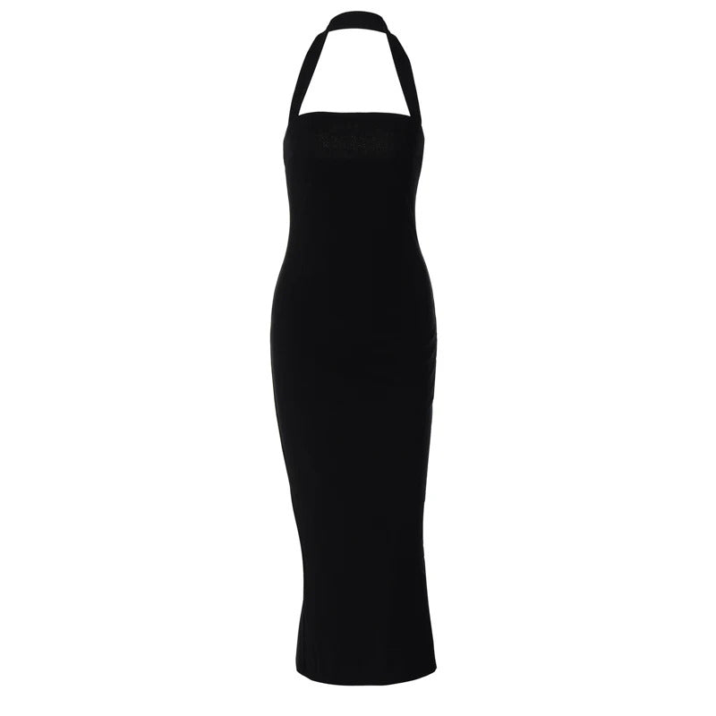 Hugcitar 2024 Elegant Halter Black Backless Sexy Bodycon Maxi Prom Dress Summer Women Y2K Clothes Wedding Birthday Party