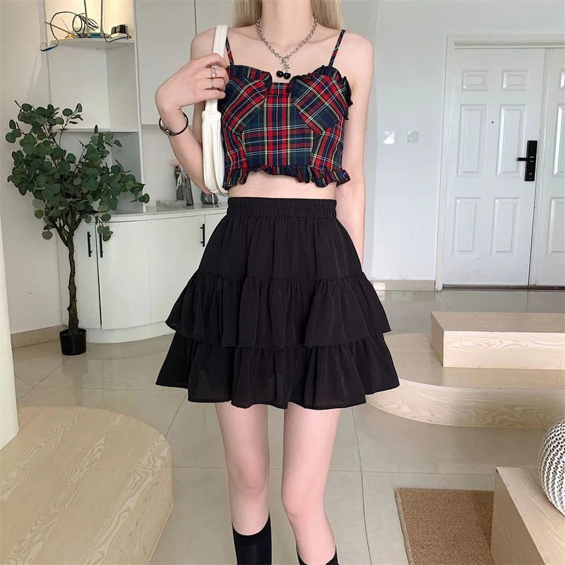 Pleated A-Line Skirt Women White Ruffle Sweet Tierred Pretty Style Skirt Elastic Waist Summer Slim Basic Korean Harajuku Dress