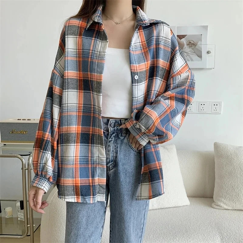 Plaid Shirt Women Autumn Long Sleeve Top Female Vintage Fashion Single Breasted Blouse Ladies Preppy Style Loose Check Shirts