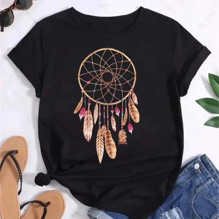 Feather Dreamcatcher Women Fashion T Shirt Harajuku Graphic Tees Shirt Femme Dream Catcher Women's T-shirt Clothes Tops