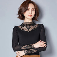 Hollow Out Women Spring Autumn Style Lace Blouses Shirts Casual Long Sleeve Patchwork Spliced Turtleneck Blusas Tops DF1491