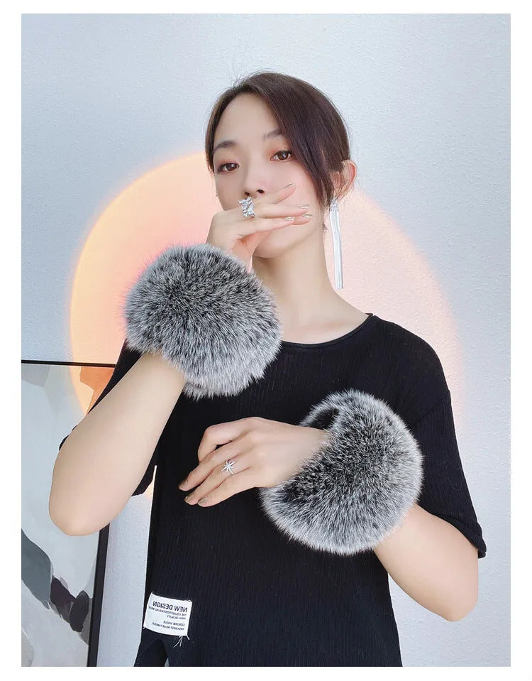 Natural Fox Fur Cuffs Wrist Arm Warmer Women Jacket Coat Sleeve Fur Triming Ladies Bracelet Real Fur Wristand Glove Snap Ring