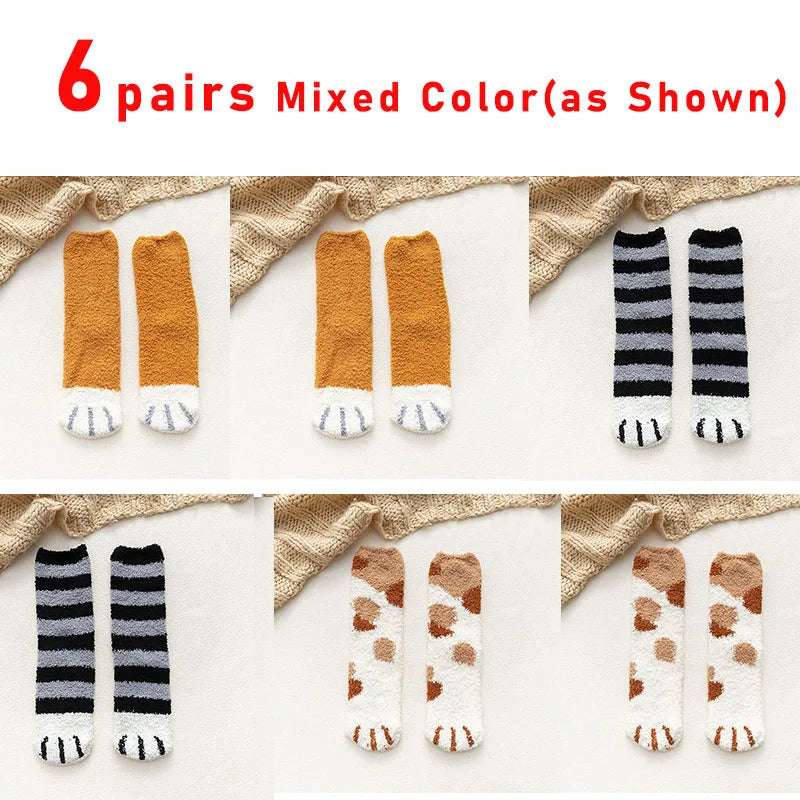 6 pairs Woman socks Set Cartoon Cute 3D Dog Cat Paw Pattern Winter Female Fleece Warm Home Floor Sleeping Thick Socks Wholesale