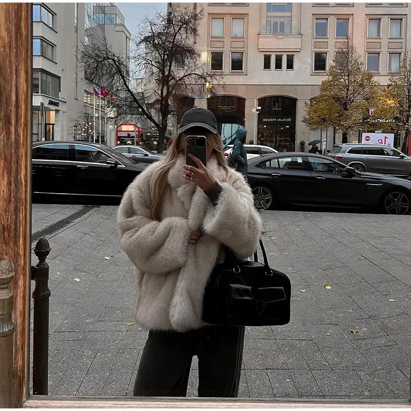 Solid Fluffy Faux Fur Women Thick Coat Fashion Warm Lapel Long Sleeve Short Jackets 2024 Winter Female Elegant Street Outerwear