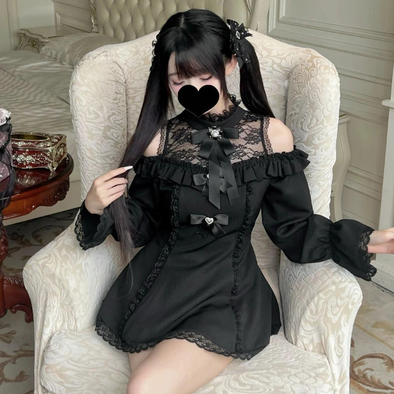 Japanese Gothic Style Rhinestone Bow Dress Shorts Set Women Lace Off Shoulder Long Sleeve Slim Shirts Dresses Lolita Y2k Outfits