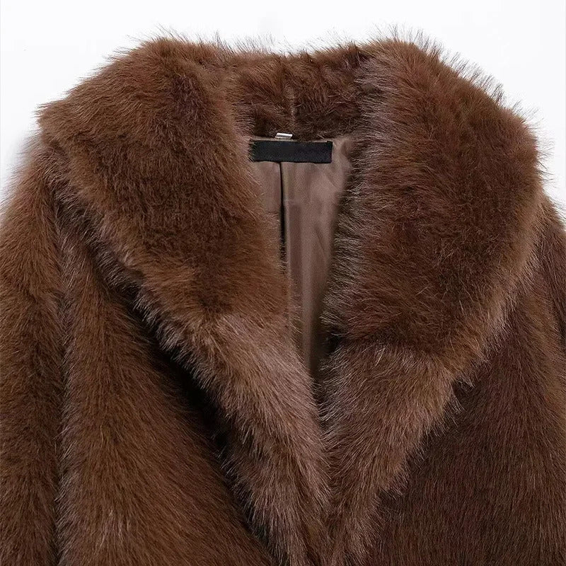 Brown Lapel Faux Fur Short Coat Women Fluffy Long Sleeve Warm Thick Loose Jacket 2024 Autumn Winter Lady High Street Outwear ﻿