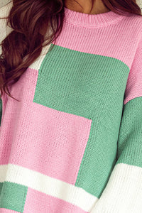 Pink Colorblock Drop Shoulder Bell Sleeve Sweater