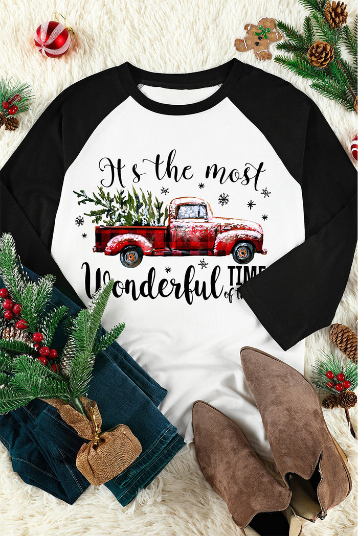 Black Christmas Truck Letter Graphic Print Color Block Top