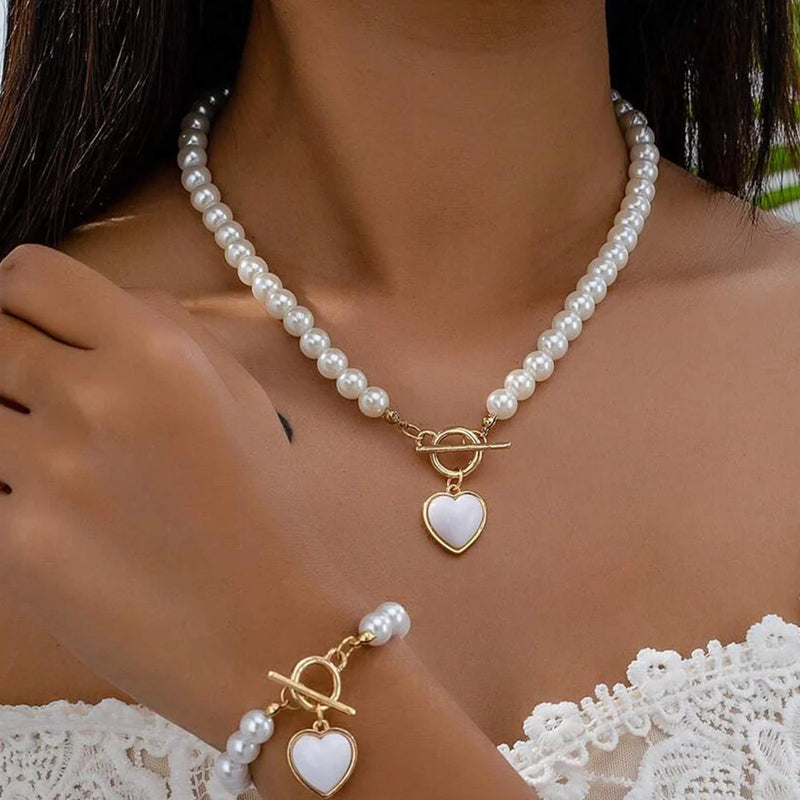 3 PCS Set Pearl Effected Rose Charm Imitation Pearl Necklace Bracelet Earring Stud Set Heart Pendant Necklace Jewelry Set Gift