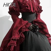 Gothic Shirt Y2k Top Lolita Girls Ruffle Umbrella Skirt High Waist Oversized Long Skirt Horn Long Sleeve Student Elegant Blouse