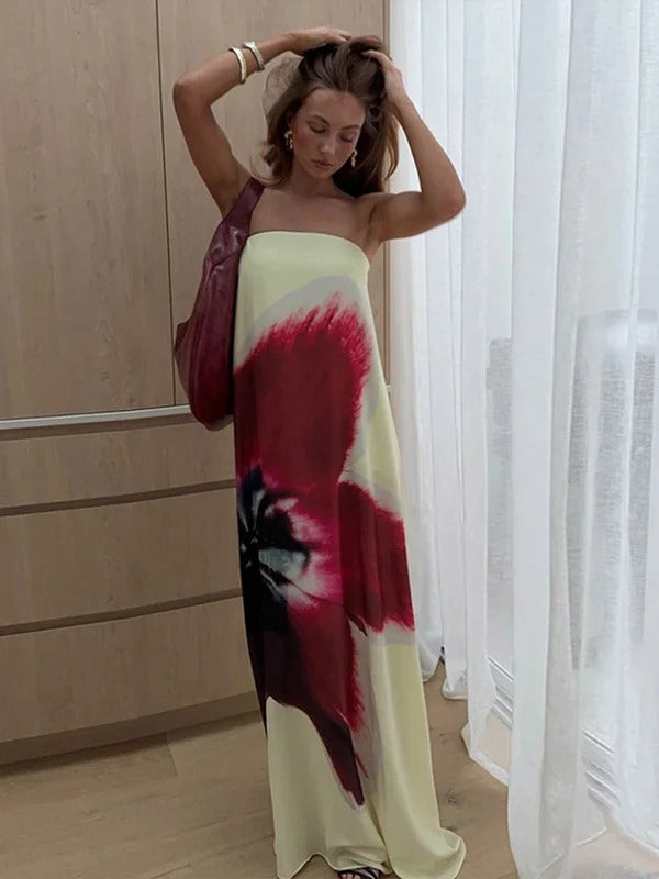 2025 Women Summer New Floral Printed Strapless Loose Dresses Casual Off Shoulder Sleeveless Maxi Dress Lady Vacation Beach Robes