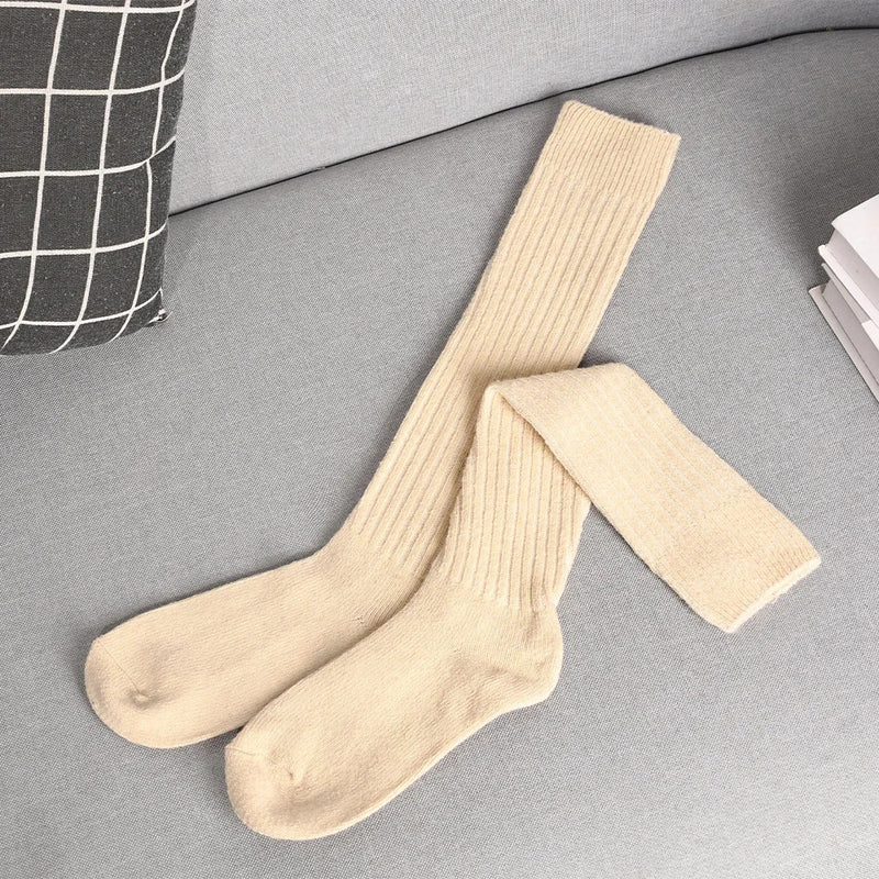 Women Long Socks Cashmere Women Boot Solid Wool Thigh Stocking Skinny Casual Cotton Over Knee-High Fluffy Female Long Knee Sock