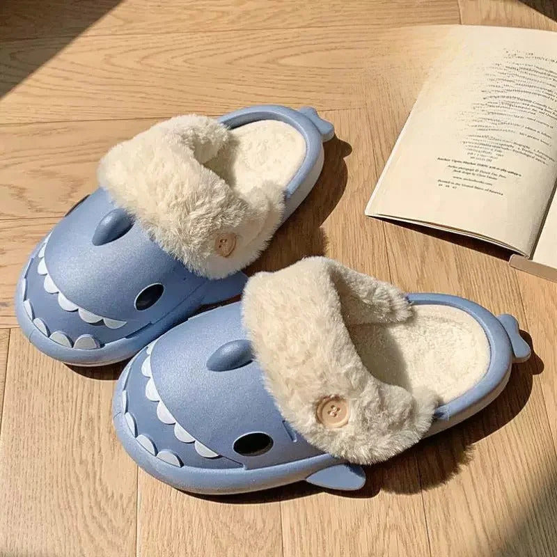 Shark Cotton Slippers Woman Waterproof Winter Indoor Non-slip Slides  Shark Flip Flops Plush Warm Couple Home Sandals Flat Shoe