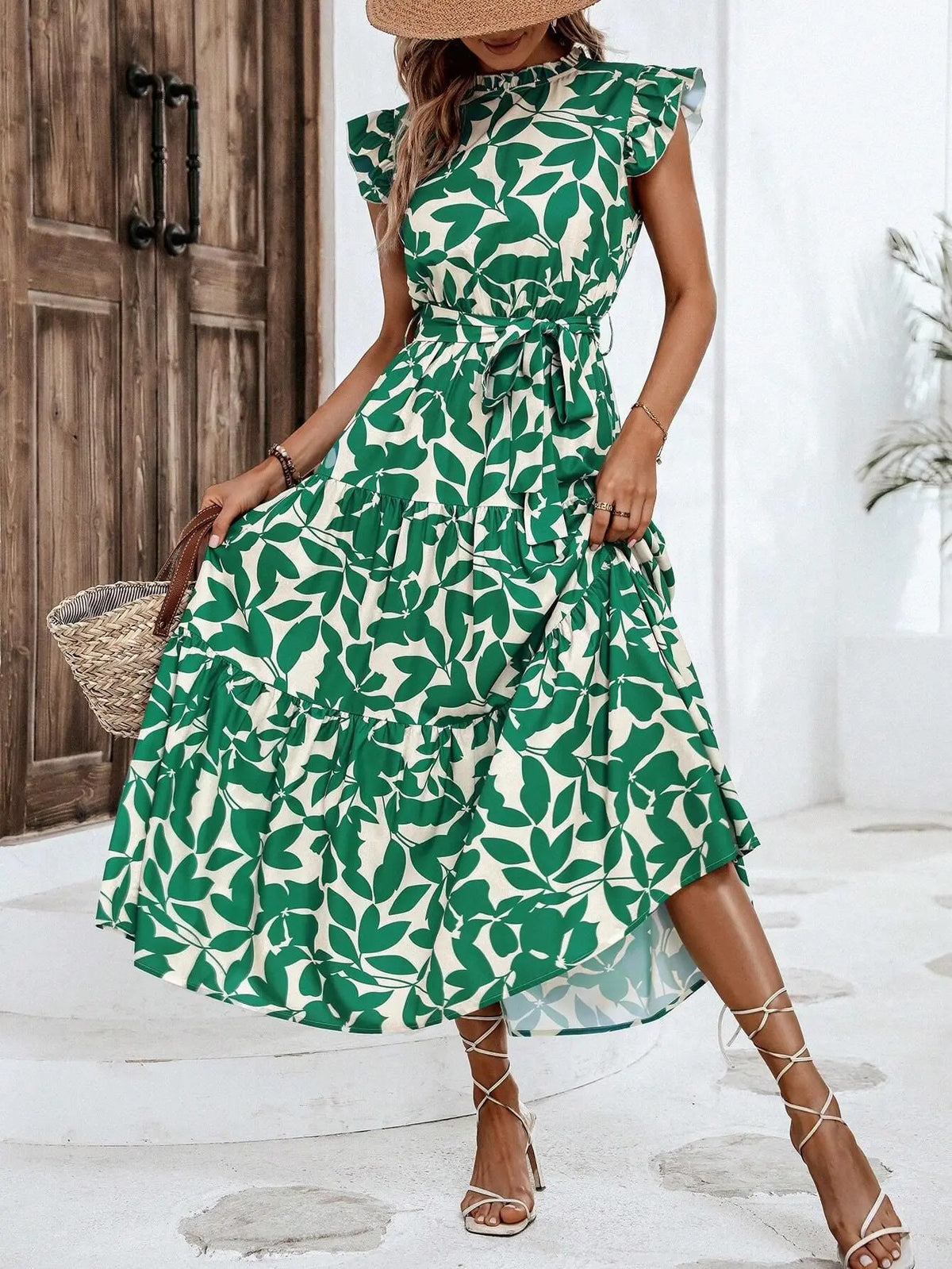 Elegant Women's Flower Midi Dress New Summer Fashion Stand Collar Flying Sleevel Lace Up Dress Casual Beach Holiday Dresses Robe