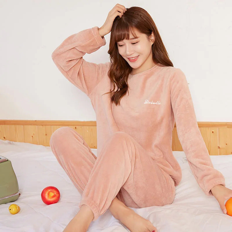 New Autumn Winter Pajamas Warm Coral Fleece Women Cozy Loose Set Top Homewear Long-sleeved lax 2 Piece Solid color Warm Pyjamas