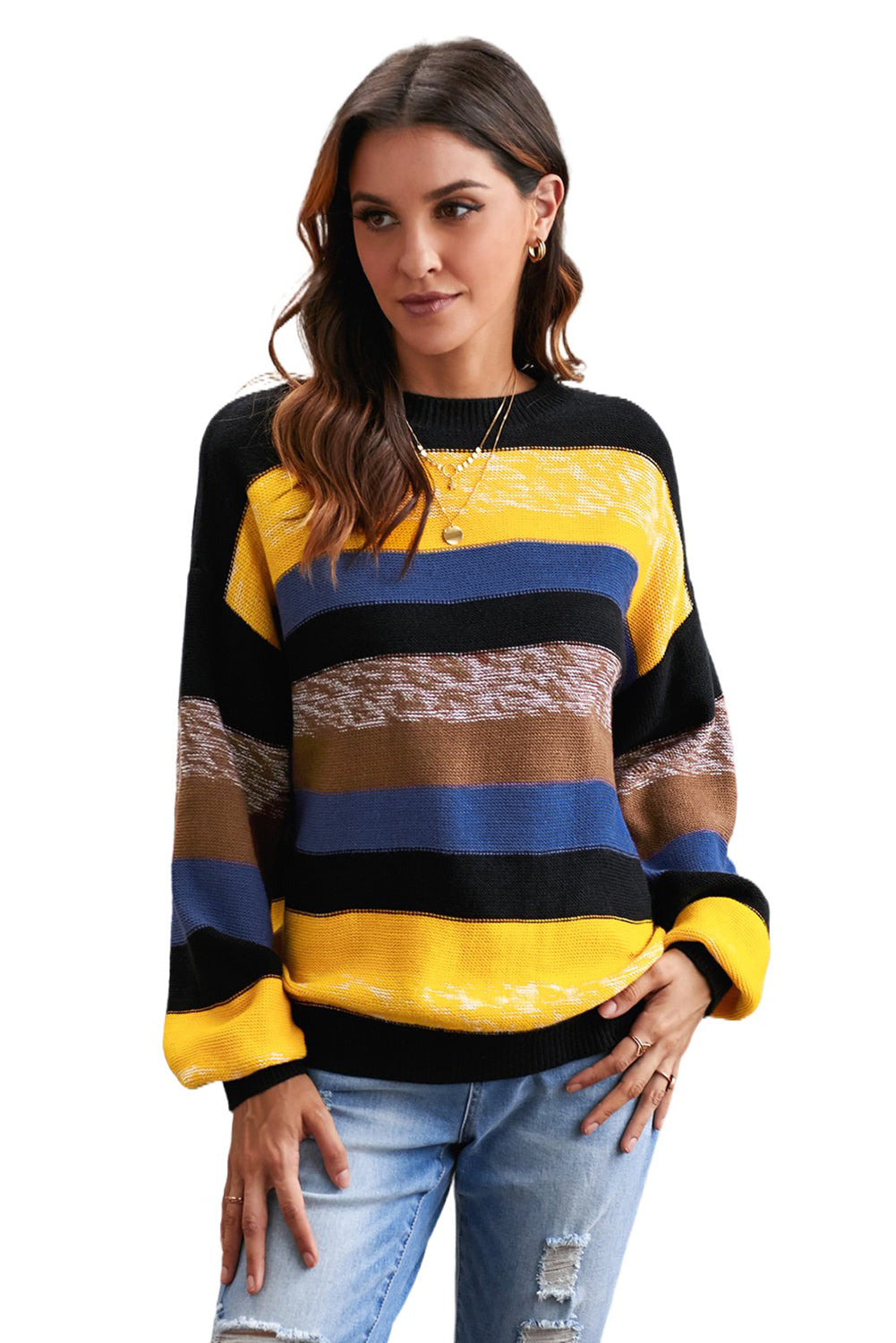 Multicolor Color Block Highlight Balloon Sleeve Sweater