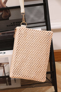 Beige Woven Zipper Wrist Strap Square Handbag