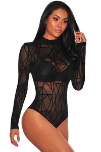 Black Sheer Mesh Geometric Velvet Bodysuit